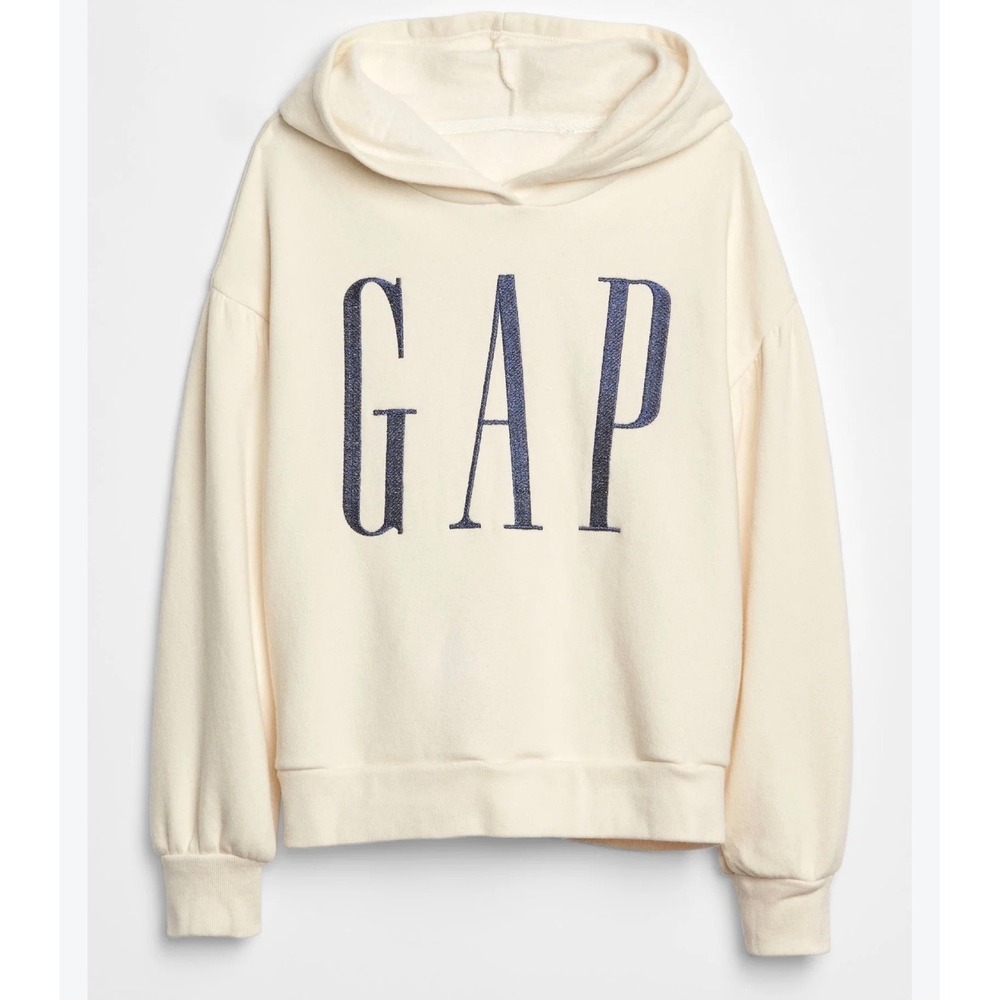 Gap Kids Logo Hoodie Cream Navy Blue Pullover Fleece Sweatshirt XXL 14-16